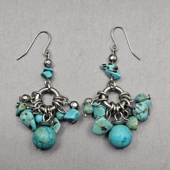 Chunky Dyed Howlite Dangle Earrings 2" Silver Tone Boho Cluster Southwestern - Picture 8 of 8
